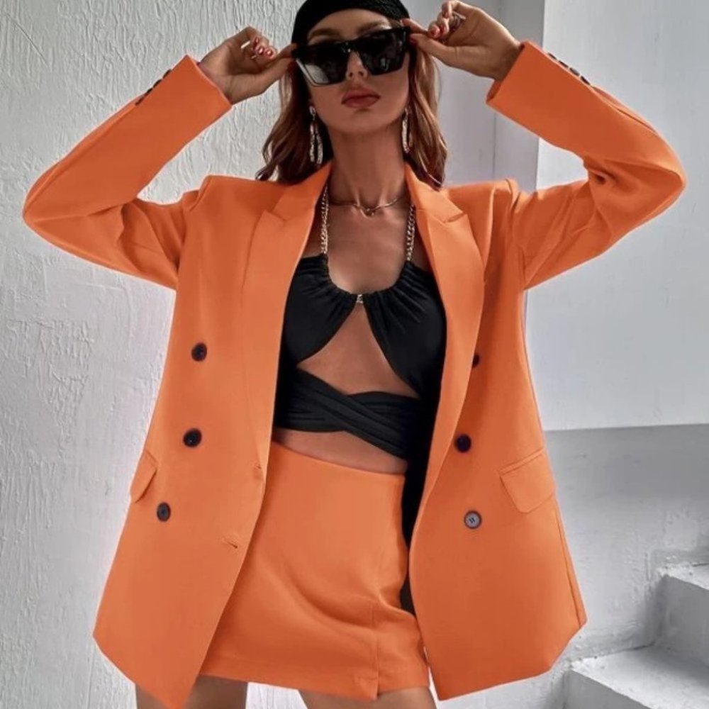 Orange Double Breasted Lapel Neck Blazer - Picture 3 of 6